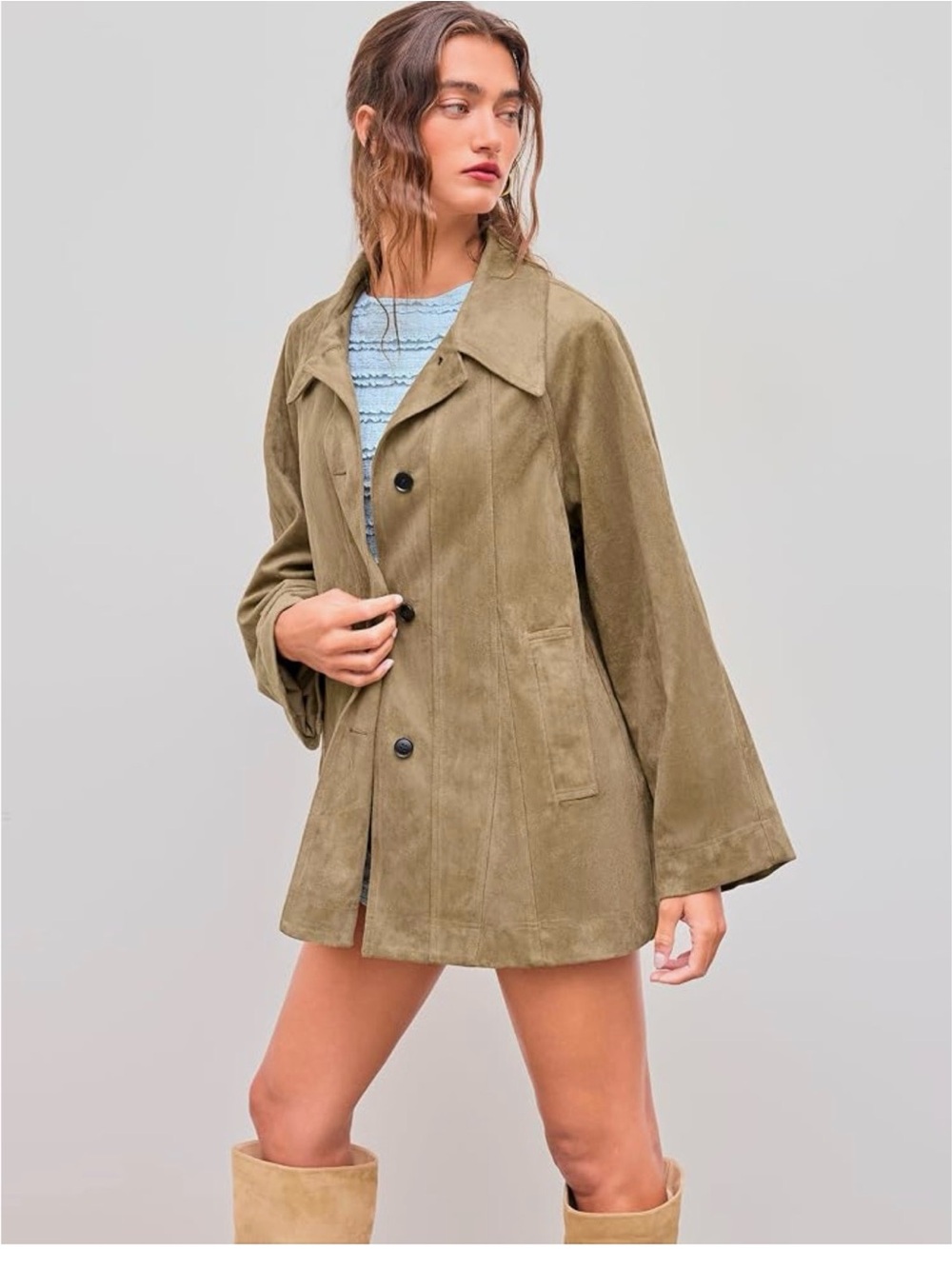 Tan Suede Button-Front Jacket - Picture 3 of 9